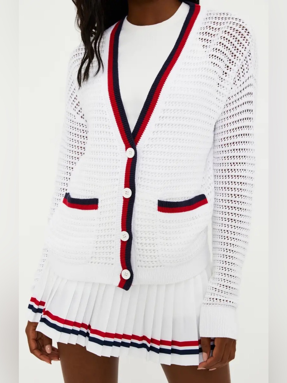 BEACH RIOT ❤️🇺🇸💙Gene White Open-Knit Cardigan Sweater Red & Blue Trim & Pockets!